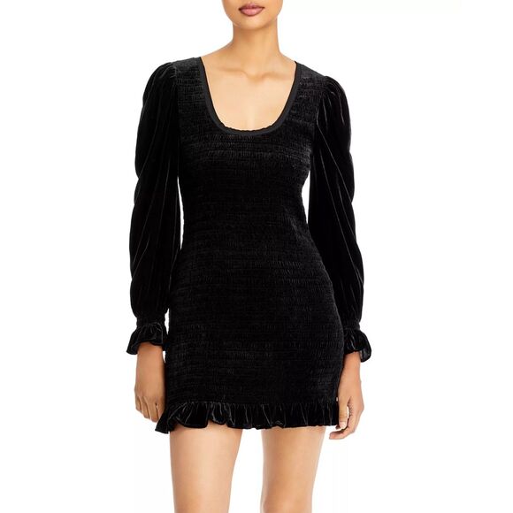 NWOT LoveShackFancy Dorset Velvet Smocked Long Sleeve Mini Dress in Black Sz M - Picture 2 of 16